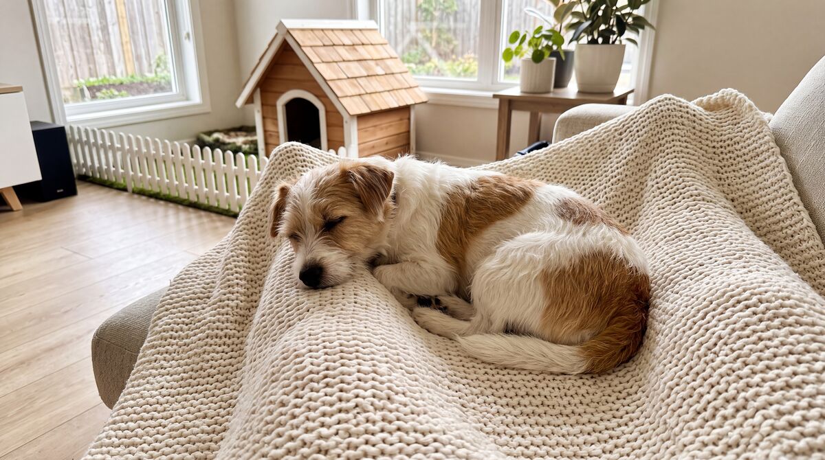 A small dog napping cozily beside a little cottage dog house and a white picket fence